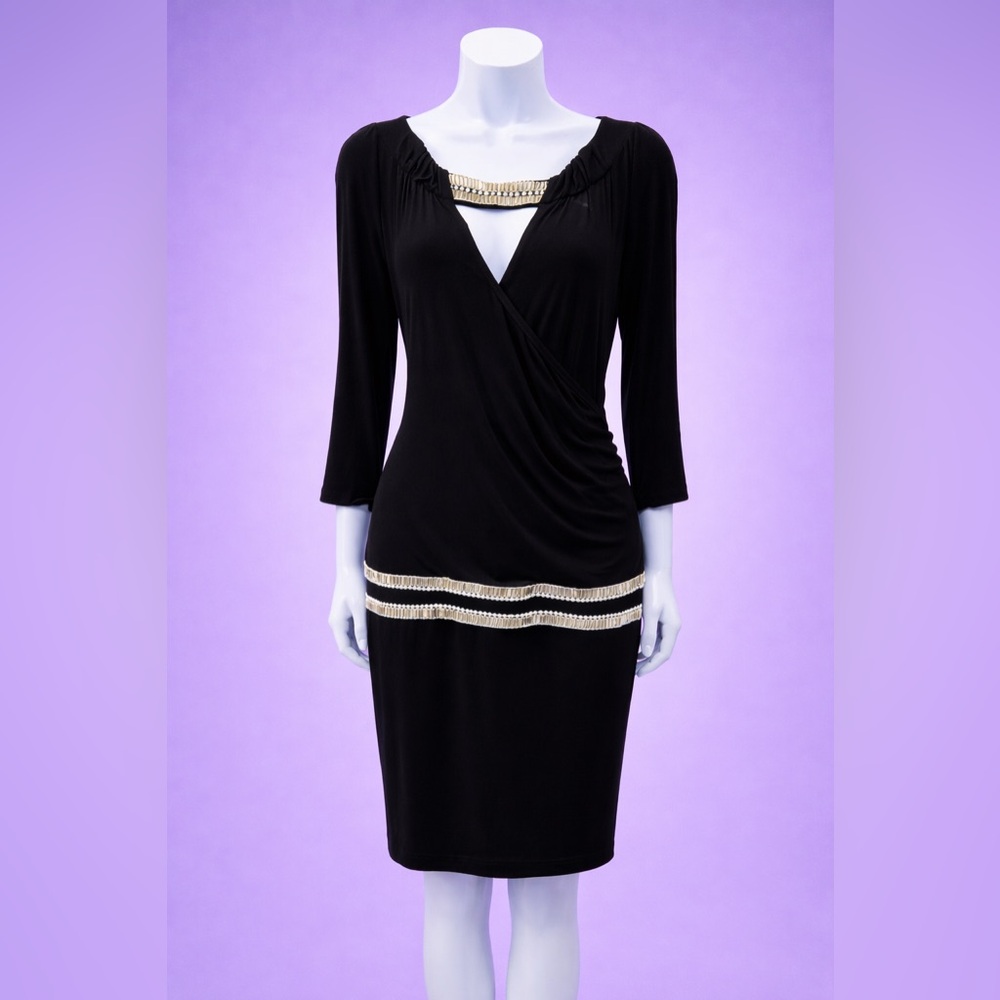 Black Cach’e Dress with Silver-tone Edging at Neck and Around Hip - Size XL